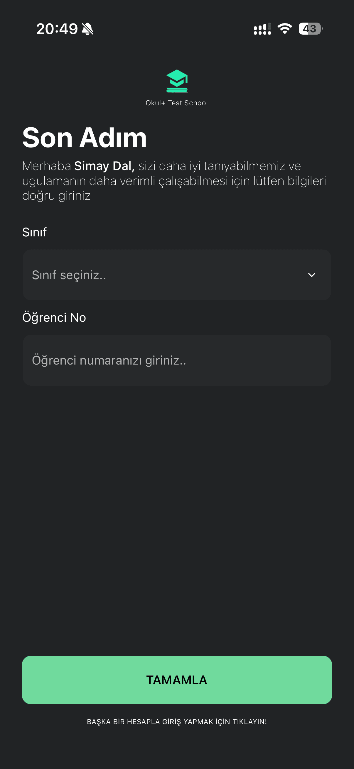 Okul+ eksik profil bilgilerini tamamlama ekranı