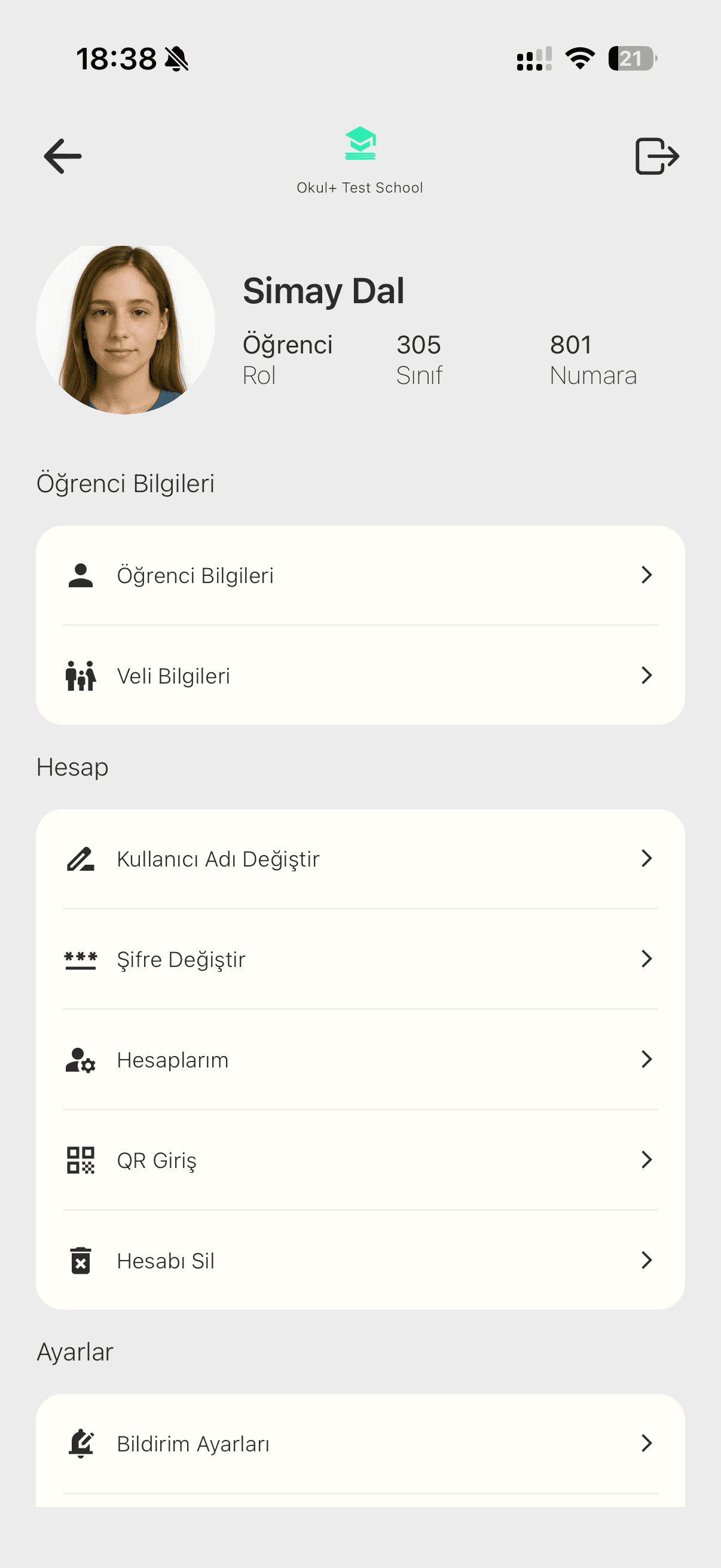 Profil ekranında Hesap bölümündeki QR Giriş seçeneği